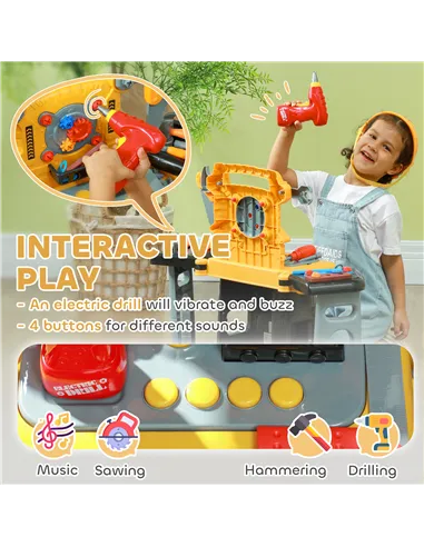 AIYAPLAY 102-Piece Kids Tool Bench with Electric Drill, Storage for Ages 3-6 Years, Yellow