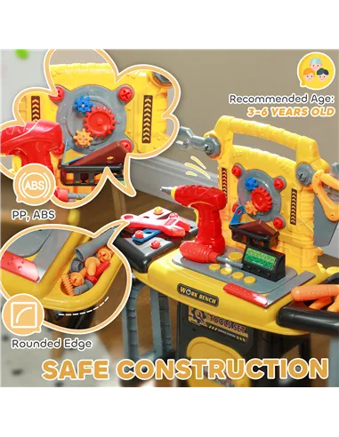 AIYAPLAY 102-Piece Kids Tool Bench with Electric Drill, Storage for Ages 3-6 Years, Yellow