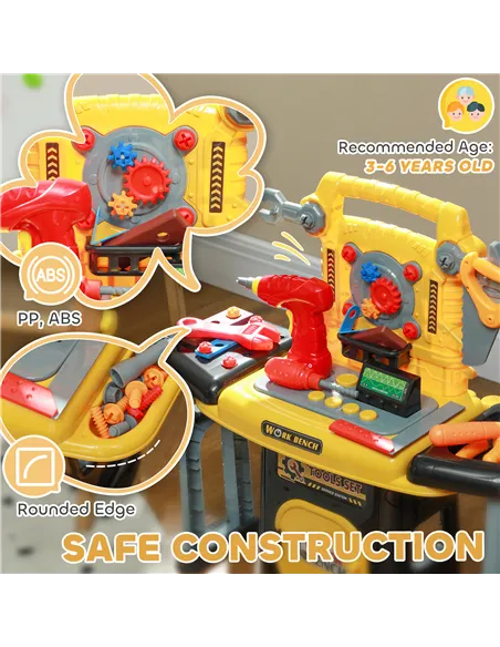 AIYAPLAY 102-Piece Kids Tool Bench with Electric Drill, Storage for Ages 3-6 Years, Yellow