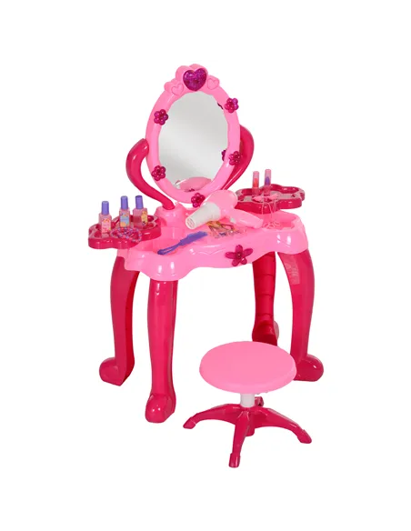 AIYAPLAY Kids Dressing Table with mirror, Stool, Light, Music, 15 Accessories, for Ages 3-6 Years, Pink