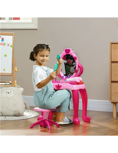 AIYAPLAY Kids Dressing Table with mirror, Stool, Light, Music, 15 Accessories, for Ages 3-6 Years, Pink