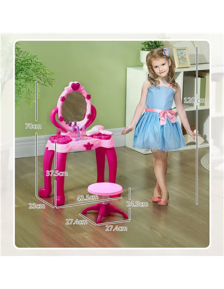 AIYAPLAY Kids Dressing Table with mirror, Stool, Light, Music, 15 Accessories, for Ages 3-6 Years, Pink
