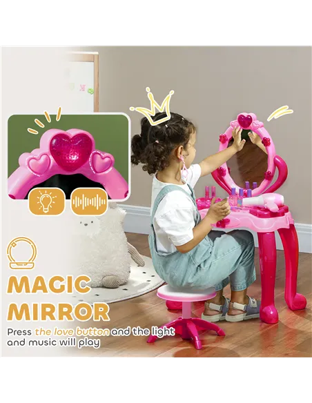 AIYAPLAY Kids Dressing Table with mirror, Stool, Light, Music, 15 Accessories, for Ages 3-6 Years, Pink