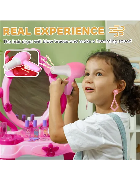 AIYAPLAY Kids Dressing Table with mirror, Stool, Light, Music, 15 Accessories, for Ages 3-6 Years, Pink