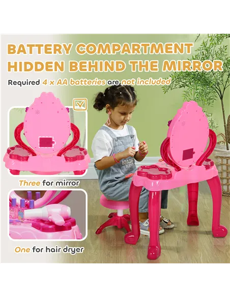 AIYAPLAY Kids Dressing Table with mirror, Stool, Light, Music, 15 Accessories, for Ages 3-6 Years, Pink
