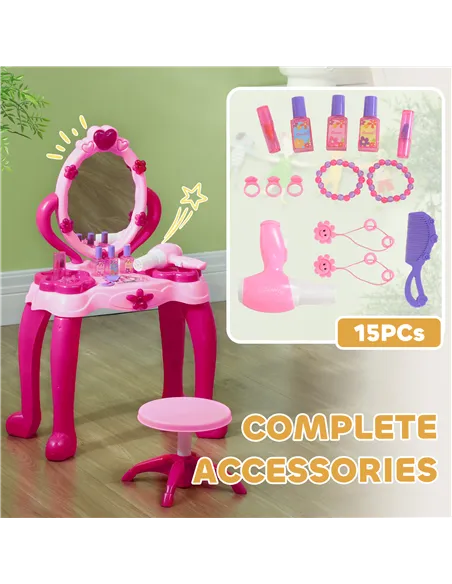 AIYAPLAY Kids Dressing Table with mirror, Stool, Light, Music, 15 Accessories, for Ages 3-6 Years, Pink