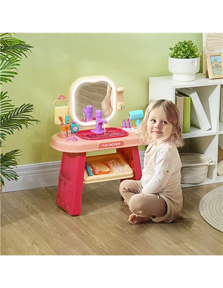 AIYAPLAY Kids Dressing Table with Mirror, LED Light, 23 Accessories, Pink