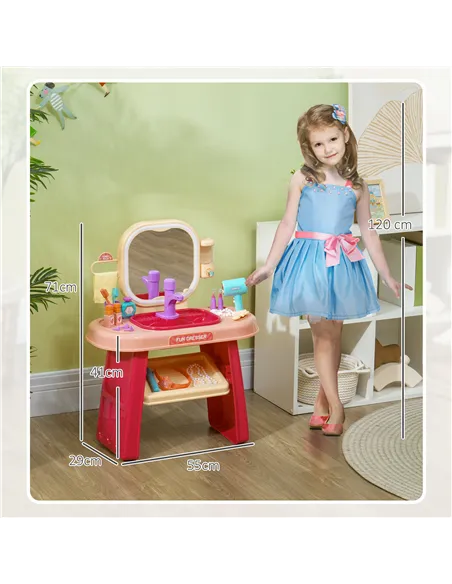 AIYAPLAY Kids Dressing Table with Mirror, LED Light, 23 Accessories, Pink