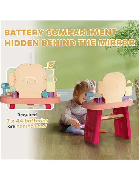 AIYAPLAY Kids Dressing Table with Mirror, LED Light, 23 Accessories, Pink