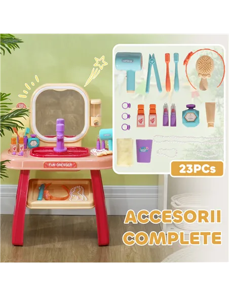 AIYAPLAY Kids Dressing Table with Mirror, LED Light, 23 Accessories, Pink