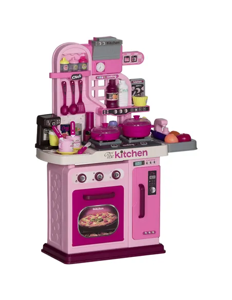 AIYAPLAY Kids Kitchen with 33 Pieces, Lights, Sounds, Storage, for Ages 3-6 Years, Pink