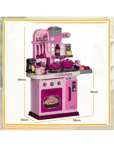 AIYAPLAY Kids Kitchen with 33 Pieces, Lights, Sounds, Storage, for Ages 3-6 Years, Pink