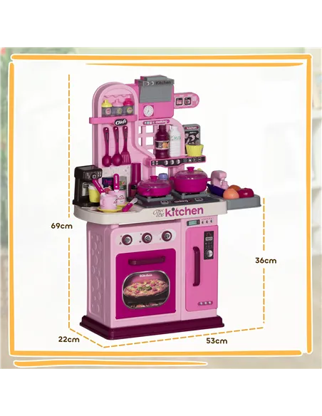 AIYAPLAY Kids Kitchen with 33 Pieces, Lights, Sounds, Storage, for Ages 3-6 Years, Pink