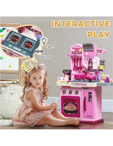AIYAPLAY Kids Kitchen with 33 Pieces, Lights, Sounds, Storage, for Ages 3-6 Years, Pink
