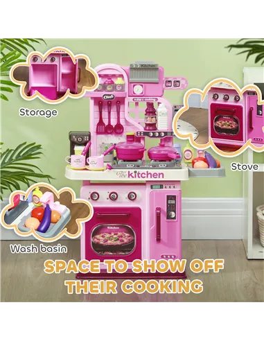 AIYAPLAY Kids Kitchen with 33 Pieces, Lights, Sounds, Storage, for Ages 3-6 Years, Pink