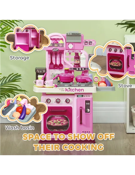 AIYAPLAY Kids Kitchen with 33 Pieces, Lights, Sounds, Storage, for Ages 3-6 Years, Pink
