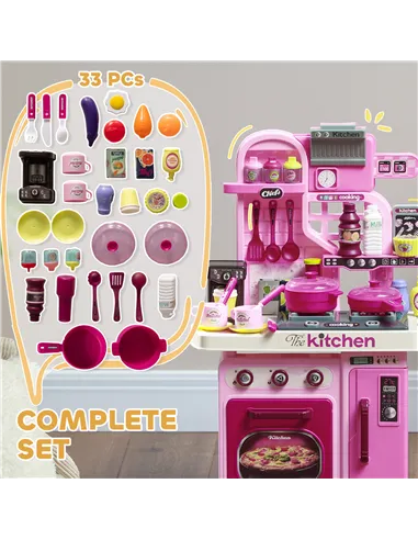 AIYAPLAY Kids Kitchen with 33 Pieces, Lights, Sounds, Storage, for Ages 3-6 Years, Pink