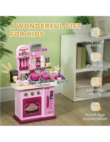 AIYAPLAY Kids Kitchen with 33 Pieces, Lights, Sounds, Storage, for Ages 3-6 Years, Pink