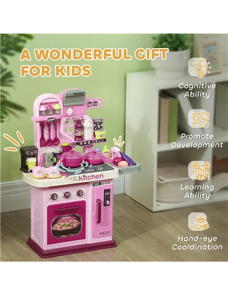 AIYAPLAY Kids Kitchen with 33 Pieces, Lights, Sounds, Storage, for Ages 3-6 Years, Pink