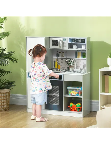 AIYAPLAY Pretend Play Toy Kitchen, Kids Kitchen Playset w/ Sounds, Lights, Running Water, Coffee Maker, Refrigerator