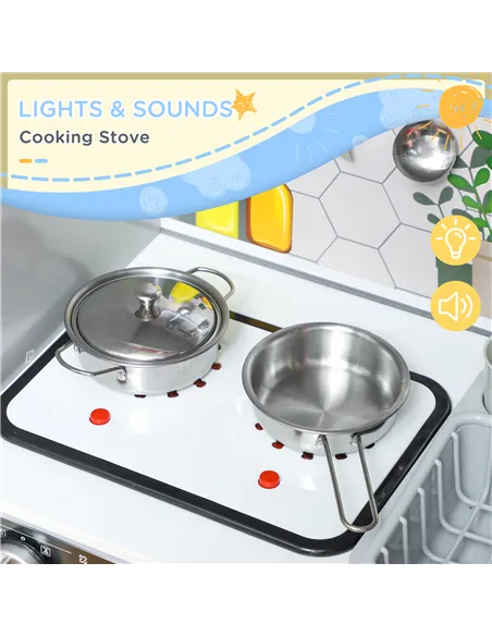 AIYAPLAY Pretend Play Toy Kitchen, Kids Kitchen Playset w/ Sounds, Lights, Running Water, Coffee Maker, Refrigerator