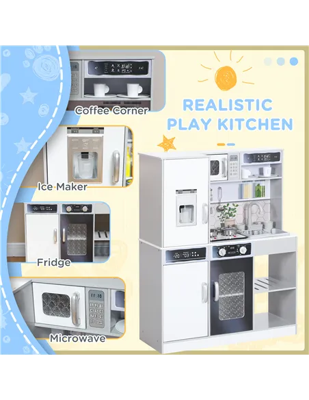 AIYAPLAY Pretend Play Toy Kitchen, Kids Kitchen Playset w/ Sounds, Lights, Running Water, Coffee Maker, Refrigerator