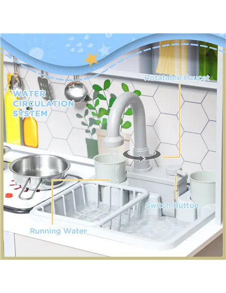 AIYAPLAY Pretend Play Toy Kitchen, Kids Kitchen Playset w/ Sounds, Lights, Running Water, Coffee Maker, Refrigerator