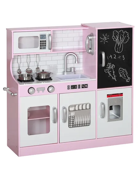 AIYAPLAY Pretend Play Kitchen, Kids Kitchen Playset w/ Toy Phone, Chalkboard, Microwave, Cooking Stove, Sink