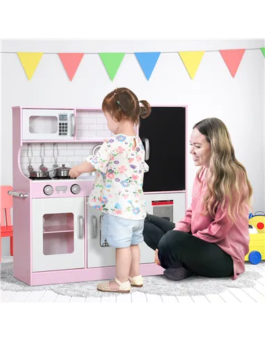 AIYAPLAY Pretend Play Kitchen, Kids Kitchen Playset w/ Toy Phone, Chalkboard, Microwave, Cooking Stove, Sink