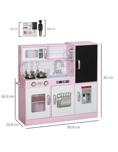 AIYAPLAY Pretend Play Kitchen, Kids Kitchen Playset w/ Toy Phone, Chalkboard, Microwave, Cooking Stove, Sink