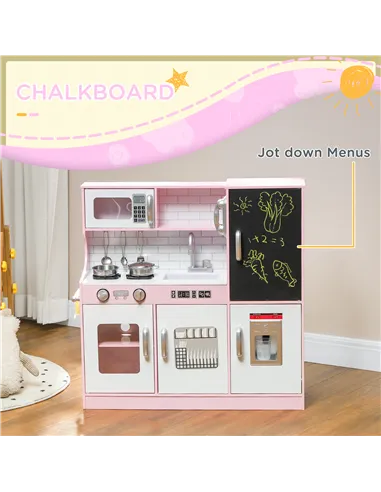 AIYAPLAY Pretend Play Kitchen, Kids Kitchen Playset w/ Toy Phone, Chalkboard, Microwave, Cooking Stove, Sink