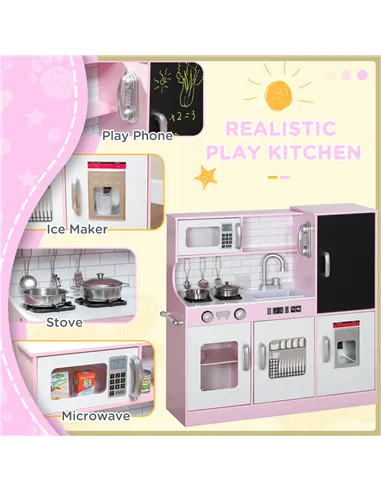 AIYAPLAY Pretend Play Kitchen, Kids Kitchen Playset w/ Toy Phone, Chalkboard, Microwave, Cooking Stove, Sink