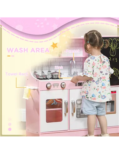 AIYAPLAY Pretend Play Kitchen, Kids Kitchen Playset w/ Toy Phone, Chalkboard, Microwave, Cooking Stove, Sink