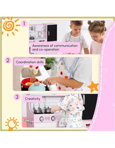 AIYAPLAY Pretend Play Kitchen, Kids Kitchen Playset w/ Toy Phone, Chalkboard, Microwave, Cooking Stove, Sink