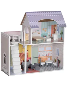 AIYAPLAY 2 Levels Dolls House with 13 Furniture Pieces, Play Set with Balcony, for Ages 3-6 Years, Multicoloured