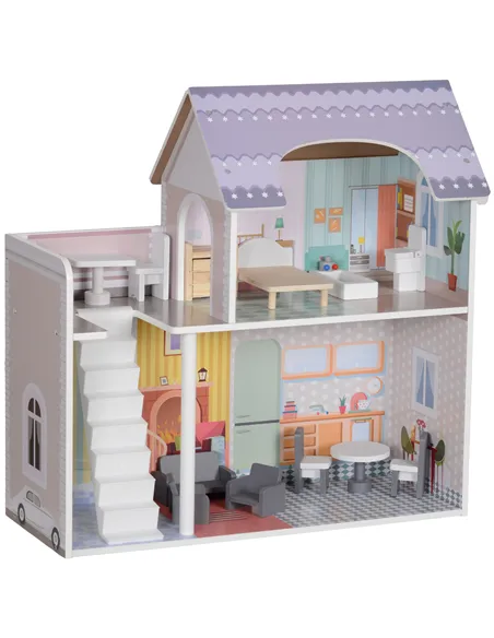 AIYAPLAY 2 Levels Dolls House with 13 Furniture Pieces, Play Set with Balcony, for Ages 3-6 Years, Multicoloured