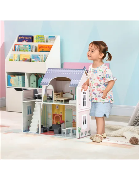 AIYAPLAY 2 Levels Dolls House with 13 Furniture Pieces, Play Set with Balcony, for Ages 3-6 Years, Multicoloured