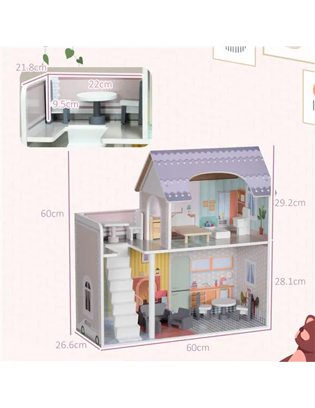 AIYAPLAY 2 Levels Dolls House with 13 Furniture Pieces, Play Set with Balcony, for Ages 3-6 Years, Multicoloured