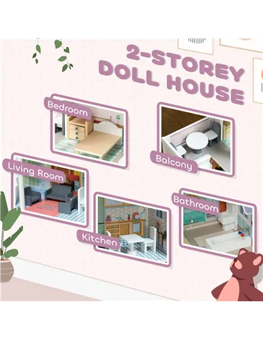AIYAPLAY 2 Levels Dolls House with 13 Furniture Pieces, Play Set with Balcony, for Ages 3-6 Years, Multicoloured