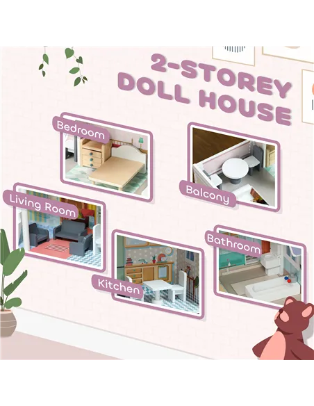 AIYAPLAY 2 Levels Dolls House with 13 Furniture Pieces, Play Set with Balcony, for Ages 3-6 Years, Multicoloured