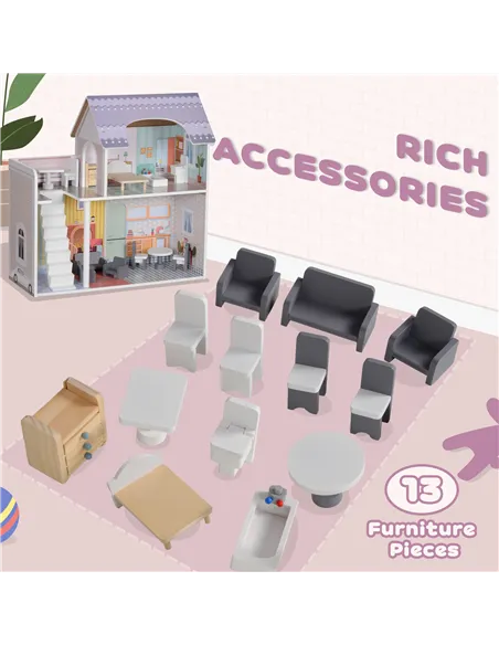 AIYAPLAY 2 Levels Dolls House with 13 Furniture Pieces, Play Set with Balcony, for Ages 3-6 Years, Multicoloured