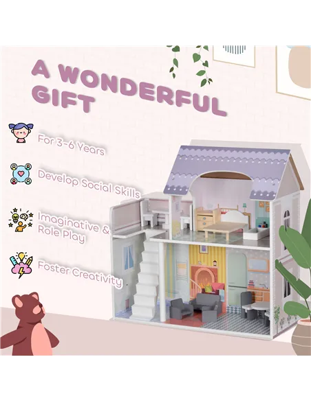 AIYAPLAY 2 Levels Dolls House with 13 Furniture Pieces, Play Set with Balcony, for Ages 3-6 Years, Multicoloured