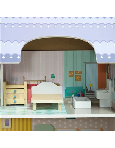 AIYAPLAY 2 Levels Dolls House with 13 Furniture Pieces, Play Set with Balcony, for Ages 3-6 Years, Multicoloured