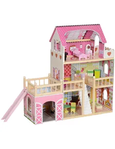 AIYAPLAY 3 Levels Dolls House Play Set with 13 Wooden Furniture Pieces and Accessories,