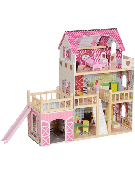 AIYAPLAY 3 Levels Dolls House Play Set with 13 Wooden Furniture Pieces and Accessories,