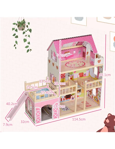 AIYAPLAY 3 Levels Dolls House Play Set with 13 Wooden Furniture Pieces and Accessories,