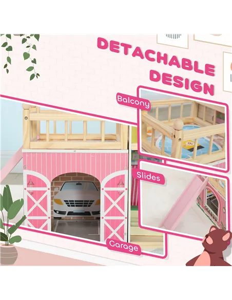 AIYAPLAY 3 Levels Dolls House Play Set with 13 Wooden Furniture Pieces and Accessories,
