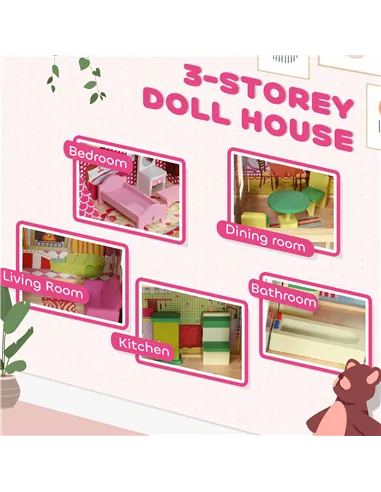 AIYAPLAY 3 Levels Dolls House Play Set with 13 Wooden Furniture Pieces and Accessories,