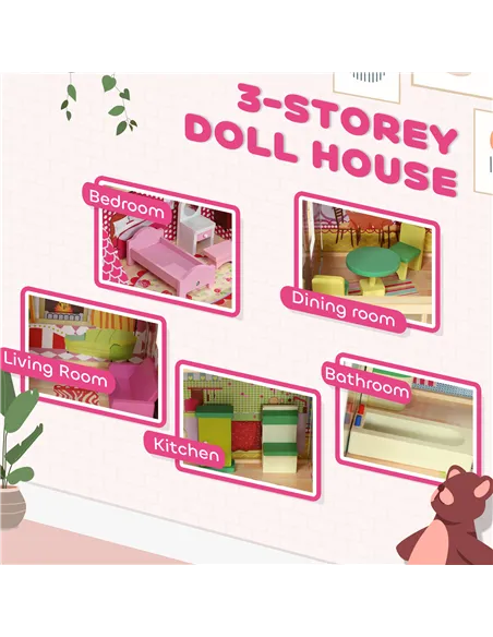 AIYAPLAY 3 Levels Dolls House Play Set with 13 Wooden Furniture Pieces and Accessories,