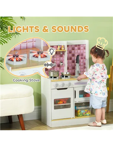 AIYAPLAY Kids Play Kitchen, Pretend Play Kitchen with Realistic Oven, Stove, Sink, Kitchen, Accessories, White